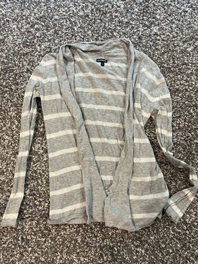 Express Light Gray and Cream Striped Open Cardigan